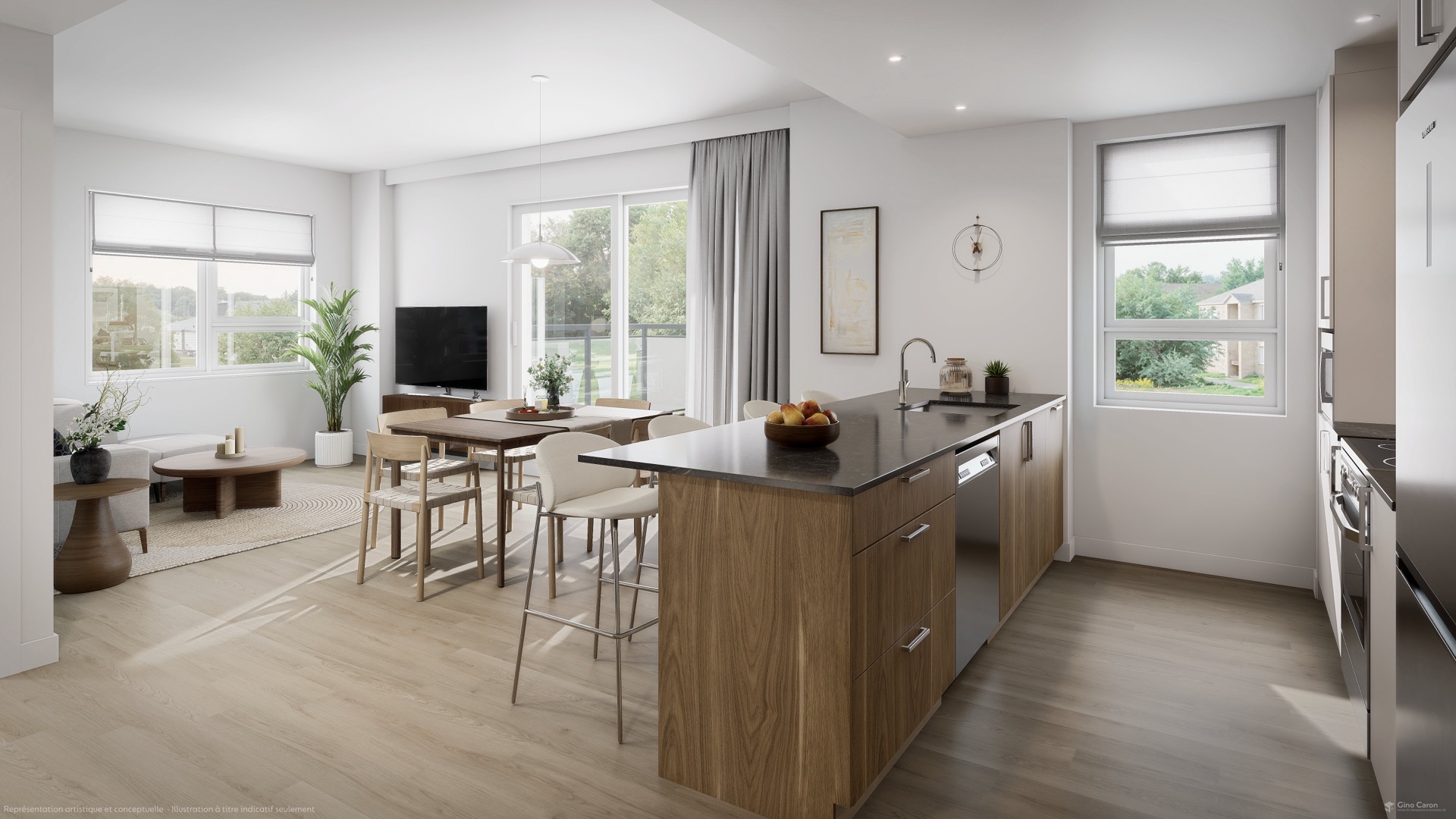 Cuisine ouverte sur la salle à manger et le salon d'un appartement de Place Roc Pointe