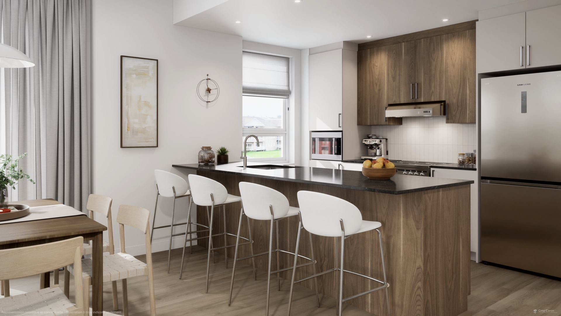 Cuisine avec îlot et tabourets d'un appartement de Place Roc Pointe